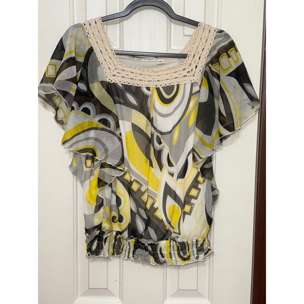 Cato Women's Medium‎ Sheer Abstract Print Flutter Sleeve Blouse Top